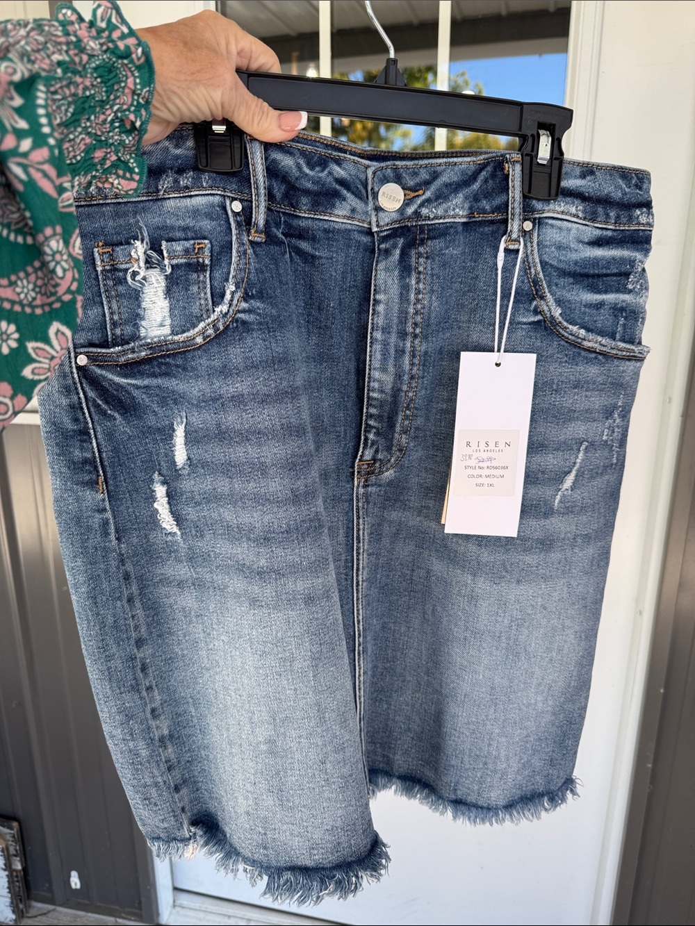 Risen Washed Blue Distressed Denim Skirt - Straight Leg